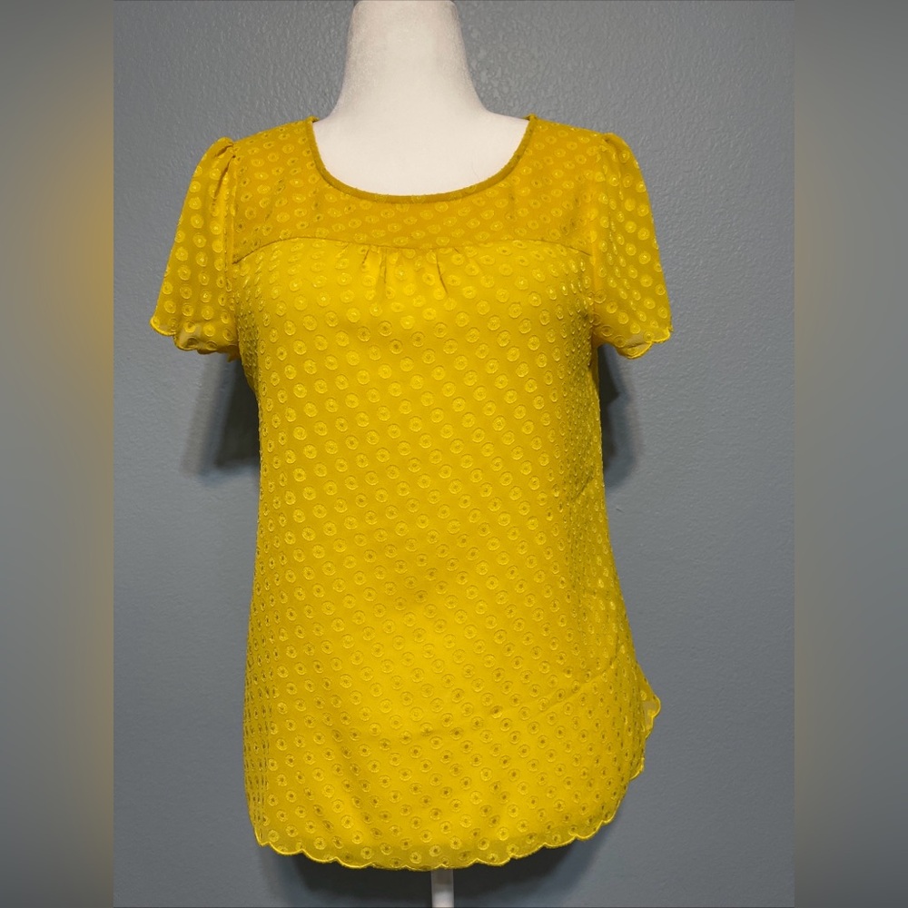 Maeve Anthropologie Yellow Swiss Dot Blouse Scalloped Hem Sheer Prairie Size 10